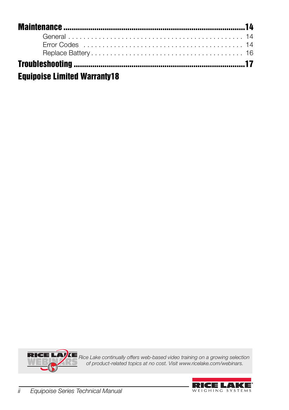 Maintenance, Troubleshooting equipoise limited warranty18 | Rice Lake Equipoise Series, Rice Lake Weighing Systems User Manual | Page 4 / 24