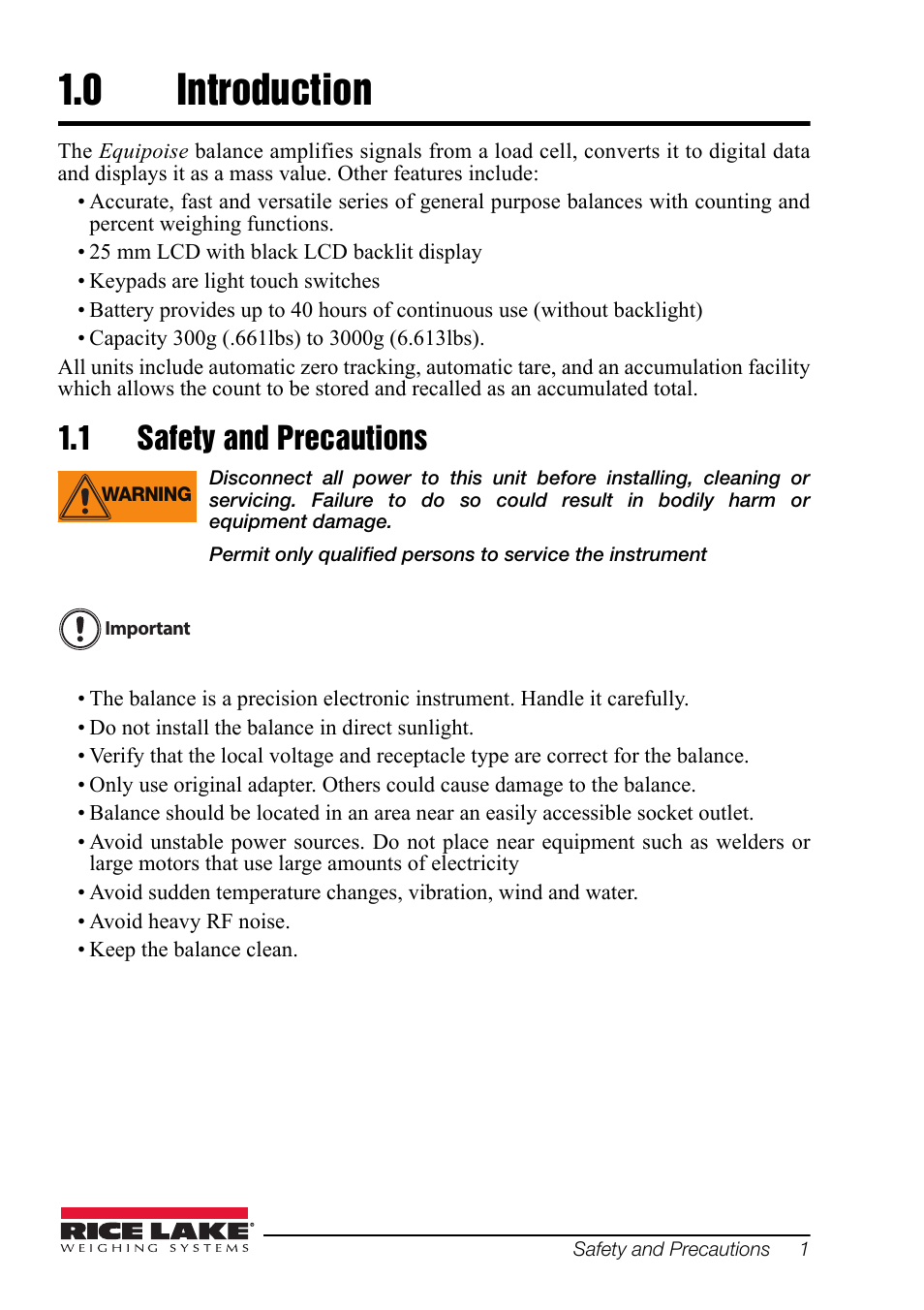 0 introduction, 1 safety and precautions, Introduction | Safety and precautions | Rice Lake Equipoise Series, Rice Lake Weighing Systems User Manual | Page 5 / 24