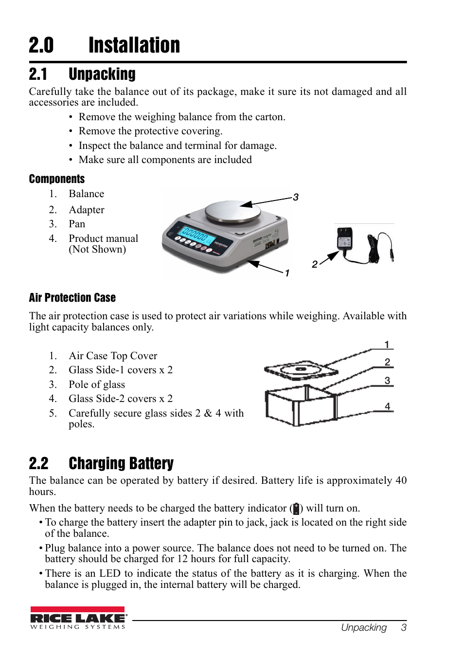 0 installation, 1 unpacking, 2 charging battery | Installation, Unpacking charging battery | Rice Lake Equipoise Series, Rice Lake Weighing Systems User Manual | Page 7 / 24