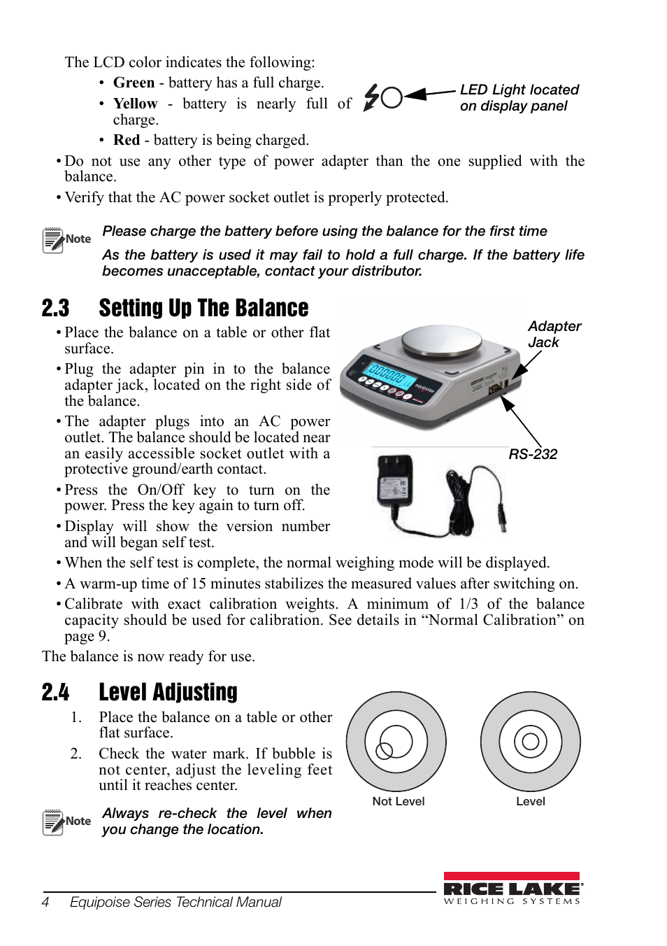 3 setting up the balance, 4 level adjusting, Setting up the balance level adjusting | Rice Lake Equipoise Series, Rice Lake Weighing Systems User Manual | Page 8 / 24