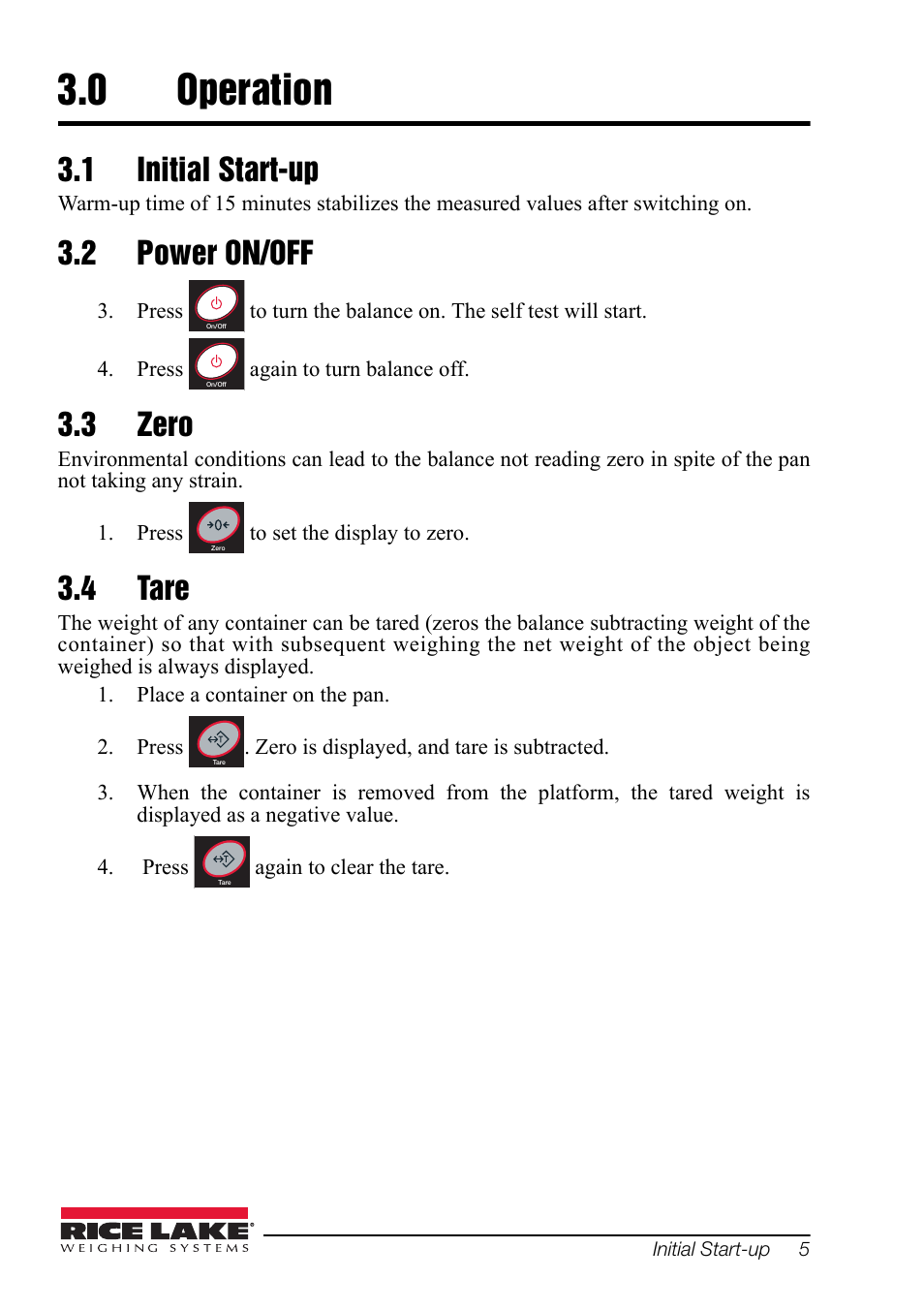 0 operation, 1 initial start-up, 2 power on/off | 3 zero, 4 tare, Operation, Initial start-up power on/off zero tare | Rice Lake Equipoise Series, Rice Lake Weighing Systems User Manual | Page 9 / 24