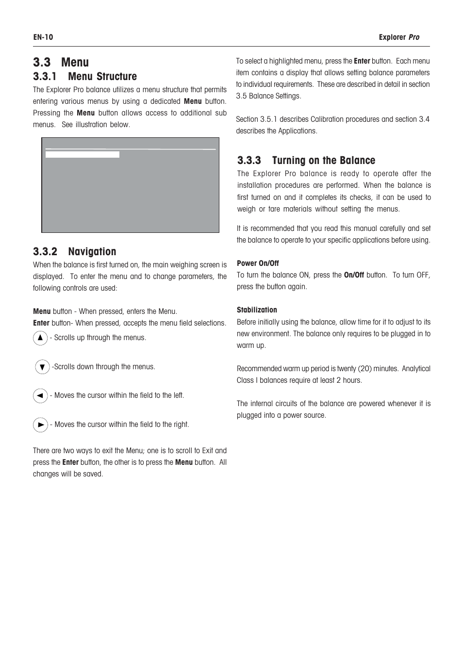 Overview of display indicator, 3 menu, 1 menu structure | 2 navigation, 3 turning on the balance | Rice Lake Ohaus Explorer Pro High Capacity Instuction Manual User Manual | Page 14 / 60