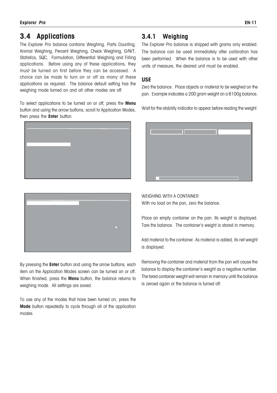 Menu, Power on/off, Stabilization | 4 applications, 1 weighing | Rice Lake Ohaus Explorer Pro High Capacity Instuction Manual User Manual | Page 15 / 60