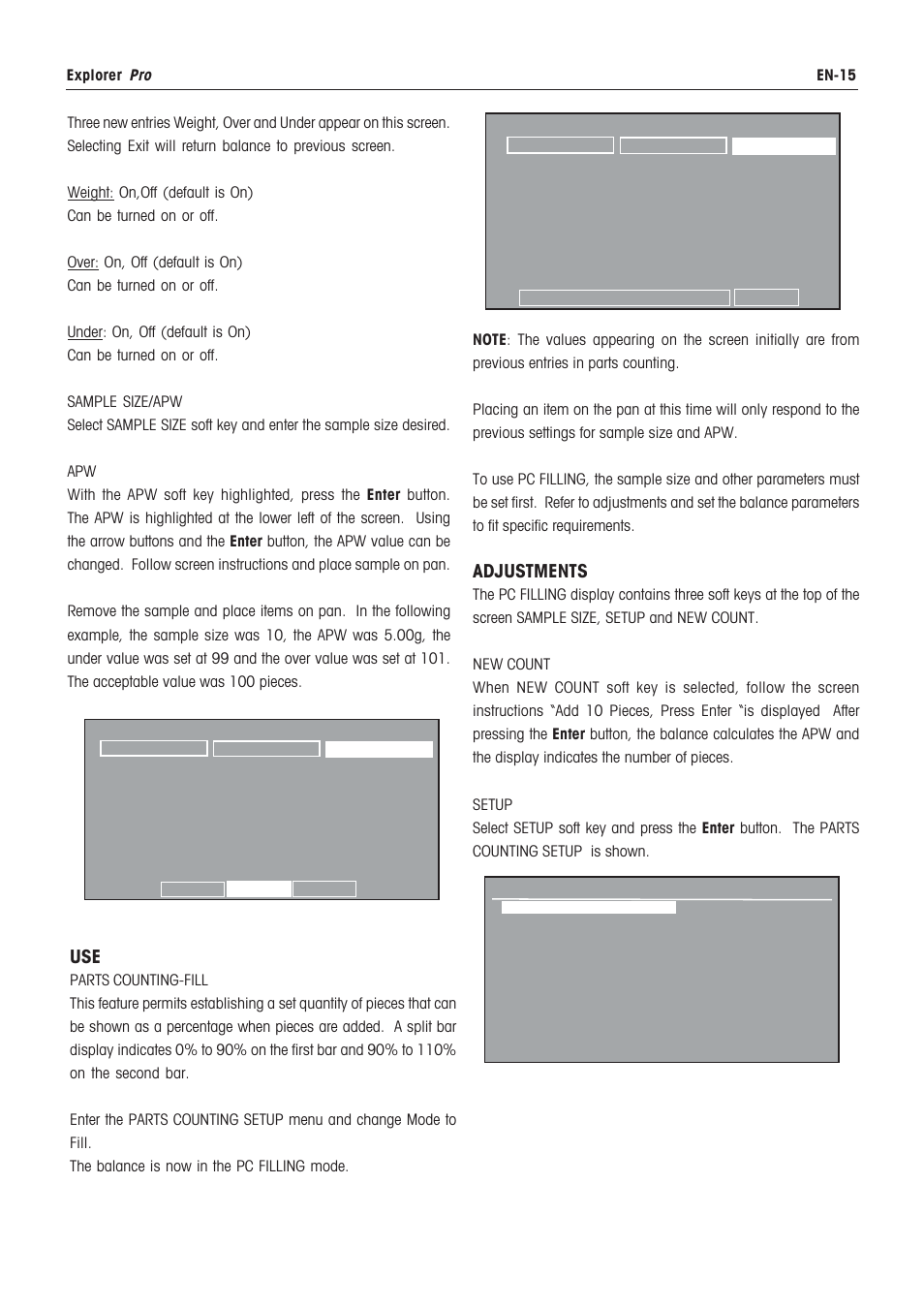 Parts counting-check, Adjustments | Rice Lake Ohaus Explorer Pro High Capacity Instuction Manual User Manual | Page 19 / 60