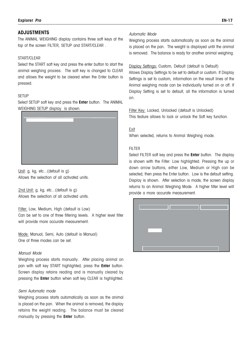 Animal weighing, Adjustments | Rice Lake Ohaus Explorer Pro High Capacity Instuction Manual User Manual | Page 21 / 60
