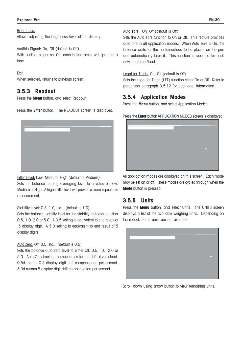 3 readout, 4 application modes, 5 units | Rice Lake Ohaus Explorer Pro High Capacity Instuction Manual User Manual | Page 43 / 60