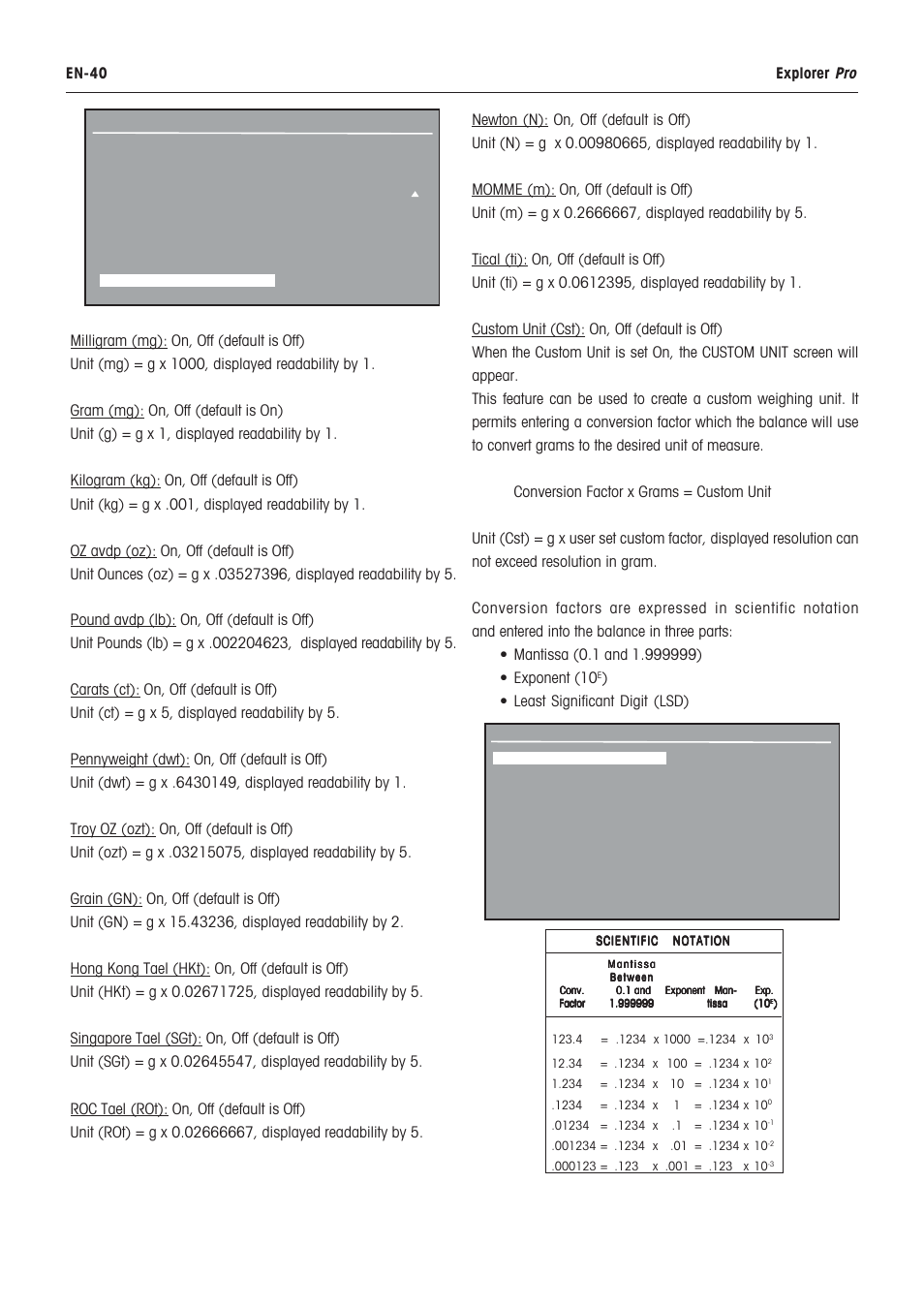 Autocal, Autocal delta, Balance settings | Internal calibration, Span calibration, En-40 explorer pro, Least significant digit (lsd) | Rice Lake Ohaus Explorer Pro High Capacity Instuction Manual User Manual | Page 44 / 60