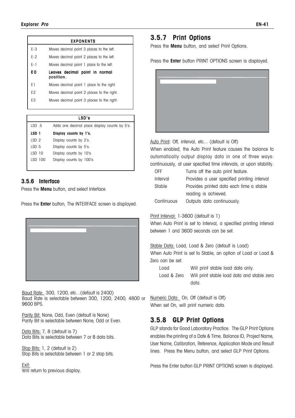 Balance id, Balance options, Cal test | Calibration masses, Contrast, Date, Date format, Display date/time, Glp print options, Languages | Rice Lake Ohaus Explorer Pro High Capacity Instuction Manual User Manual | Page 45 / 60