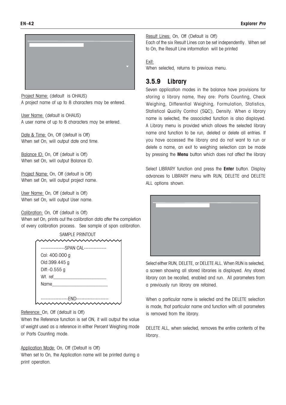 Application modes, Audible signal, Auto tare | Auto zero, Brightness, Factory reset, Filter level, Legal for trade, Lockout, Readout | Rice Lake Ohaus Explorer Pro High Capacity Instuction Manual User Manual | Page 46 / 60