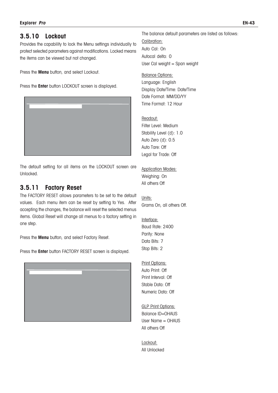 Custom unit (cst), Hardware lockswitch, Lft default table | Printing data, Switch plate, 10 lockout, 11 factory reset | Rice Lake Ohaus Explorer Pro High Capacity Instuction Manual User Manual | Page 47 / 60