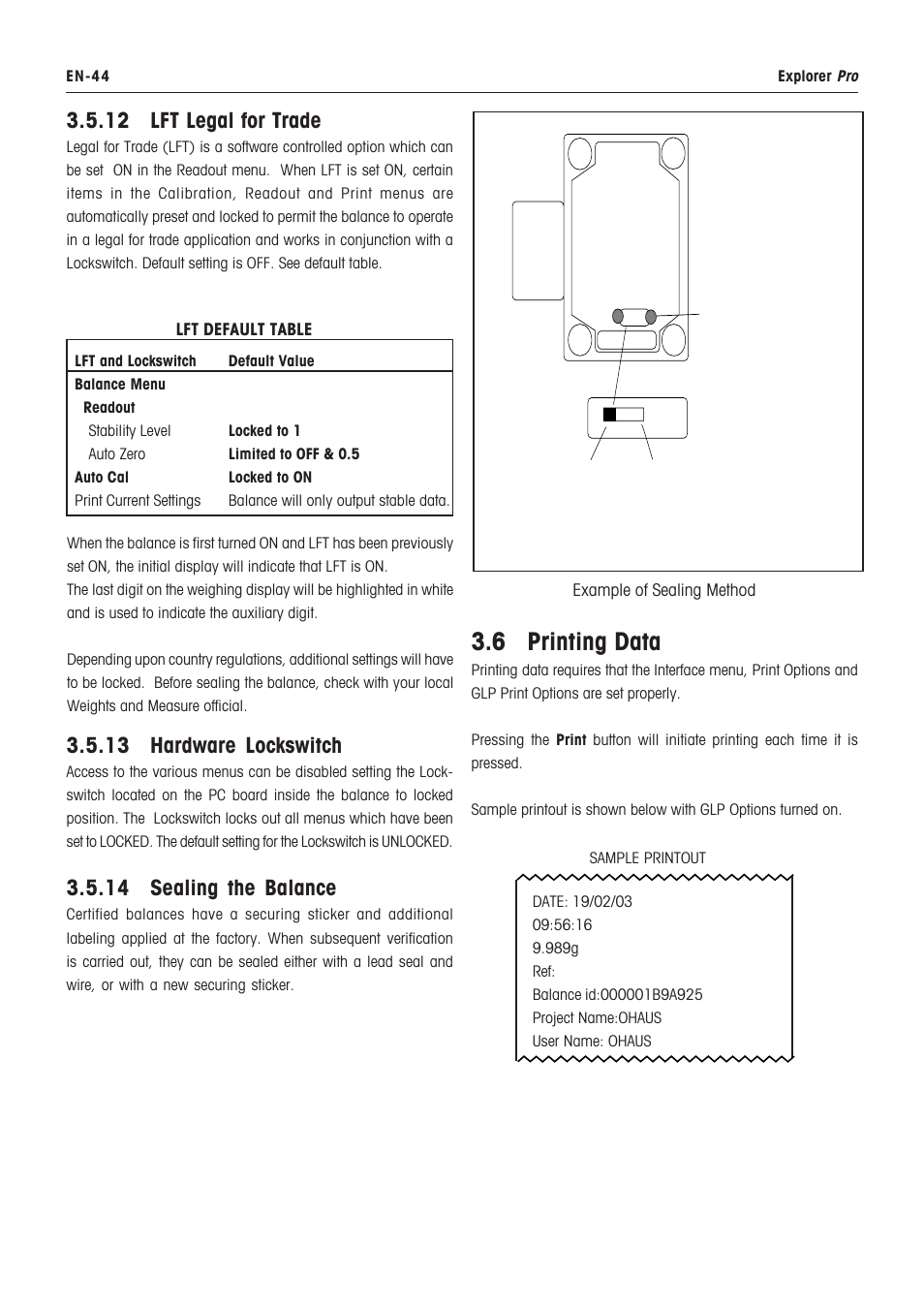 Auto print, Baud rate, Care and maintenance | Cleaning, Data bits, Exponents, Interface, Parity bit, Print interval, Print options | Rice Lake Ohaus Explorer Pro High Capacity Instuction Manual User Manual | Page 48 / 60