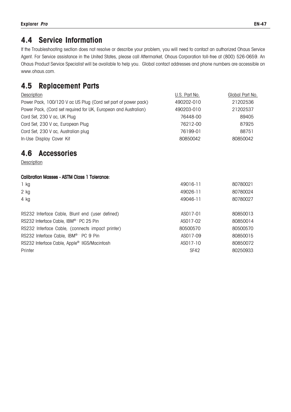 Rs232 commands, Technical data, 4 service information | 5 replacement parts, 6 accessories | Rice Lake Ohaus Explorer Pro High Capacity Instuction Manual User Manual | Page 51 / 60