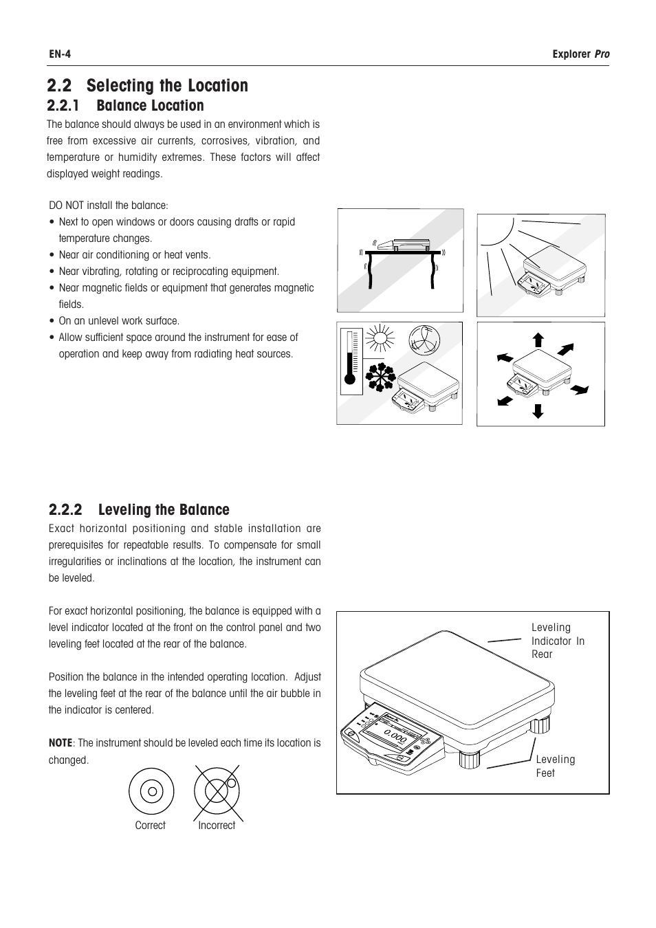 2 selecting the location, 1 balance location, 2 leveling the balance | En-4 explorer pro, Leveling indicator in rear leveling feet | Rice Lake Ohaus Explorer Pro High Capacity Instuction Manual User Manual | Page 8 / 60