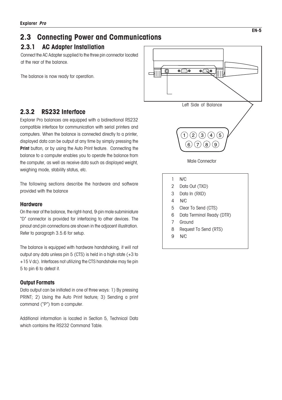 Balance location, Leveling the balance, Selecting the location | 3 connecting power and communications, 1 ac adapter installation, 2 rs232 interface | Rice Lake Ohaus Explorer Pro High Capacity Instuction Manual User Manual | Page 9 / 60