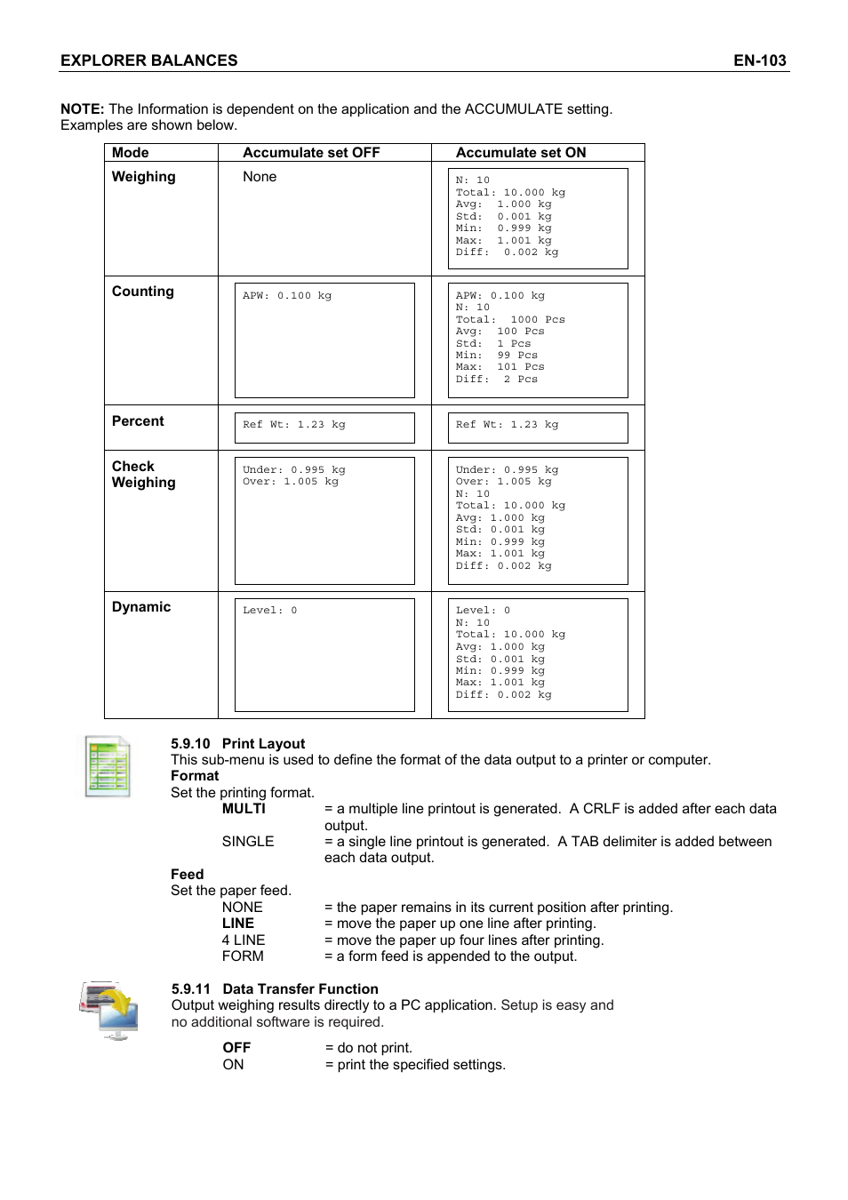 Explorer balances en-103, Mode accumulate set off accumulate set on, Weighing none | Counting, Percent, Check weighing, Dynamic | Rice Lake Explorer Series Toploader, Ohaus User Manual | Page 105 / 150
