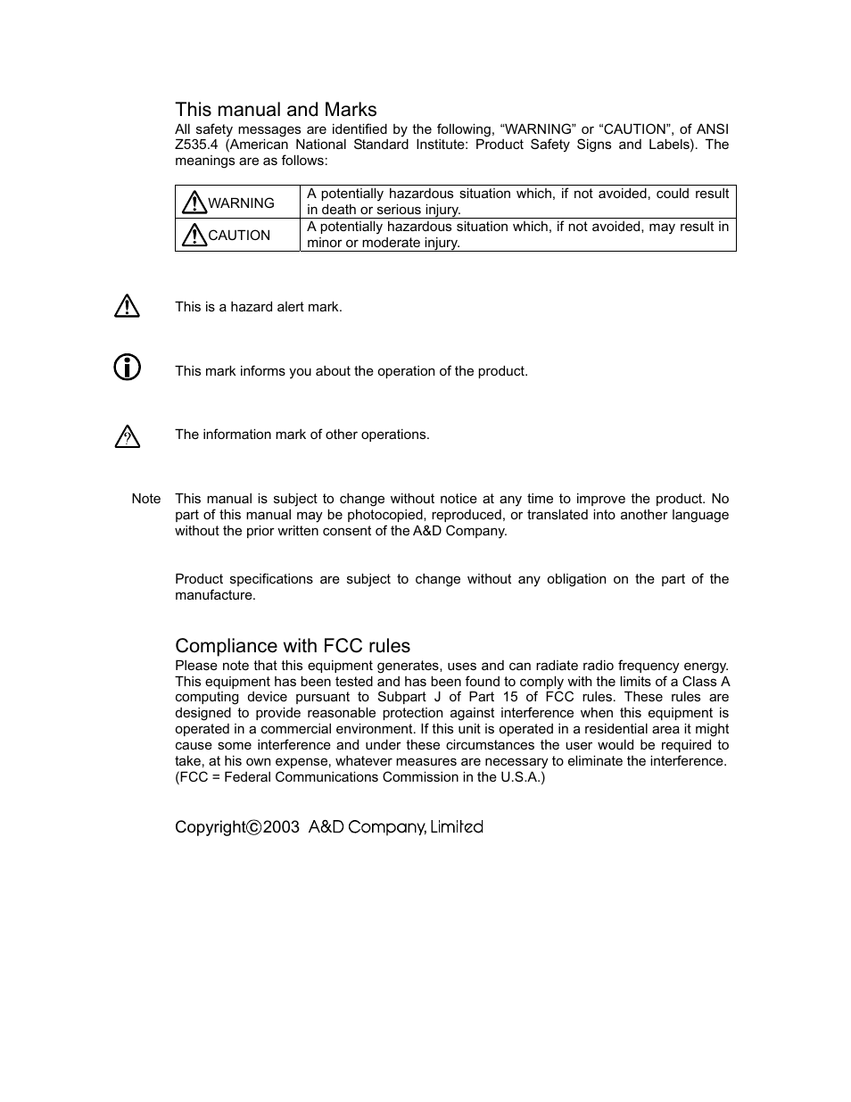 This manual and marks, Compliance with fcc rules | Rice Lake FC-i/Si Series, A&D Weighing User Manual | Page 2 / 86