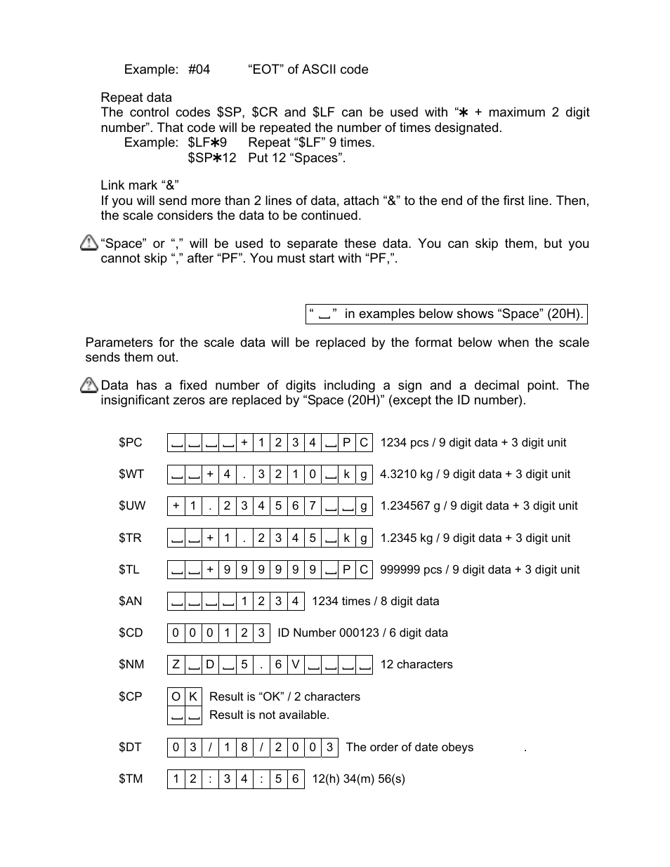 Data format for the scale data | Rice Lake FC-i/Si Series, A&D Weighing User Manual | Page 62 / 86