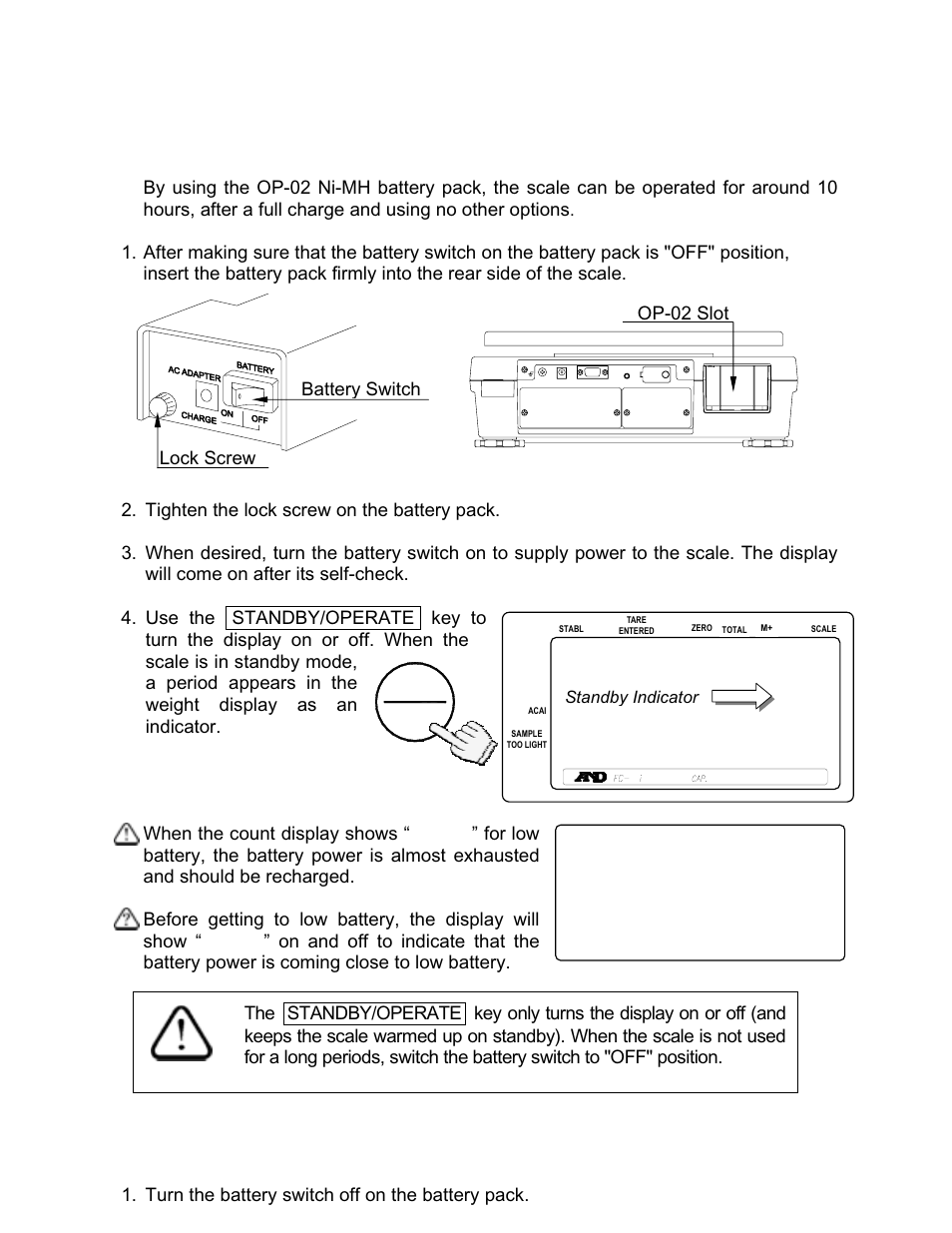 Lo bat, 2. op-02 ni-mh battery pack | Rice Lake FC-i/Si Series, A&D Weighing User Manual | Page 67 / 86