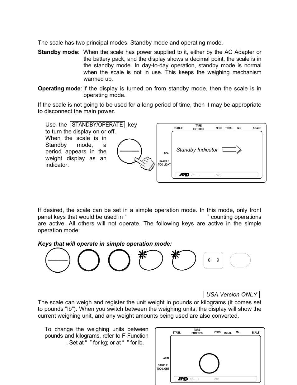 4. standby and operating mode, 5. 1-6. simple operation mode, Kg or lb weighing units | Rice Lake FC-i/Si Series, A&D Weighing User Manual | Page 9 / 86