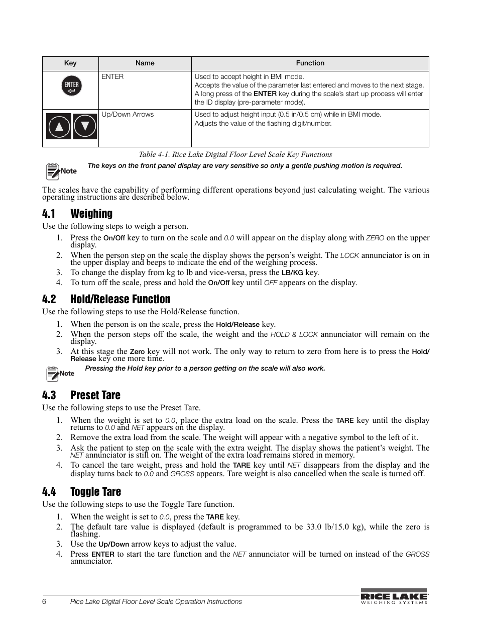 1 weighing, 2 hold/release function, 3 preset tare | 4 toggle tare | Rice Lake Floor Level Digital Physcian Scale (150-10-7) - RL150-10-7 Operation Instructions User Manual | Page 10 / 18