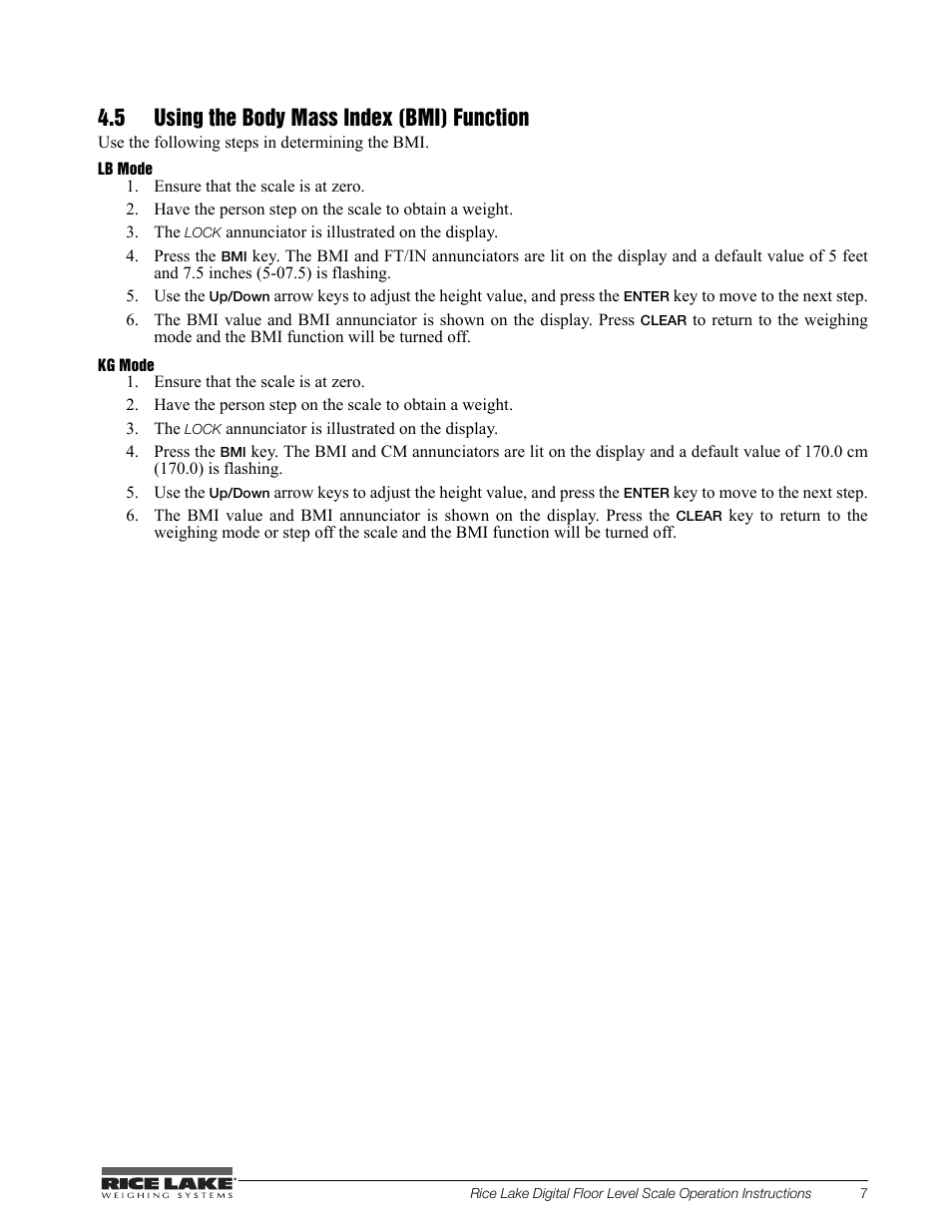 5 using the body mass index (bmi) function | Rice Lake Floor Level Digital Physcian Scale (150-10-7) - RL150-10-7 Operation Instructions User Manual | Page 11 / 18
