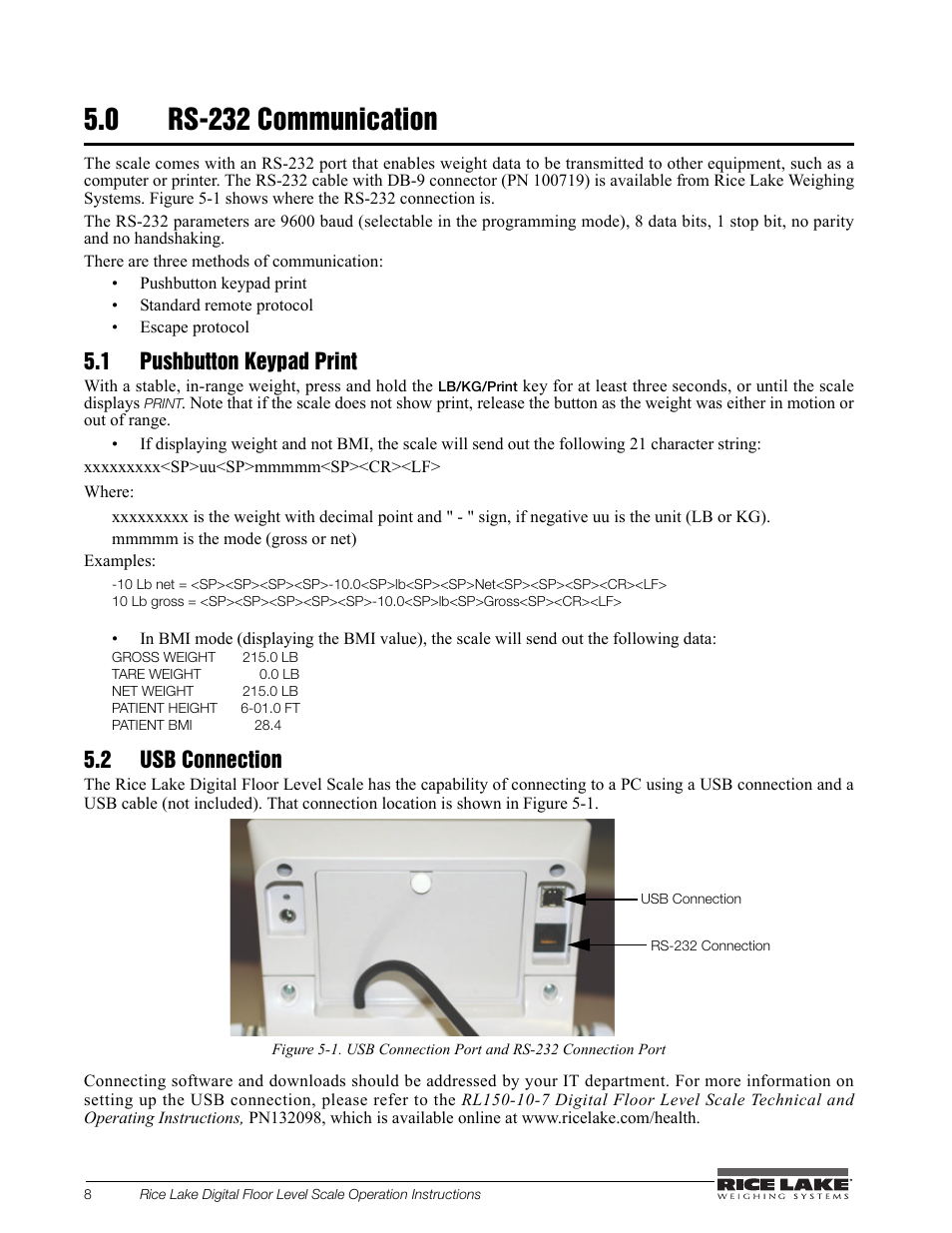 0 rs-232 communication, 1 pushbutton keypad print, 2 usb connection | Rice Lake Floor Level Digital Physcian Scale (150-10-7) - RL150-10-7 Operation Instructions User Manual | Page 12 / 18