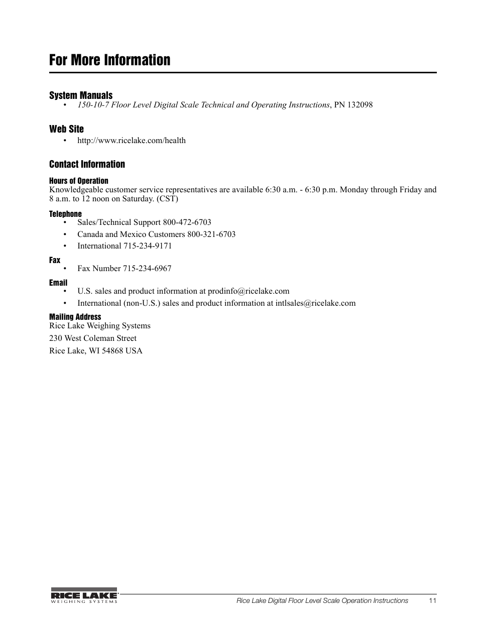 For more information | Rice Lake Floor Level Digital Physcian Scale (150-10-7) - RL150-10-7 Operation Instructions User Manual | Page 15 / 18