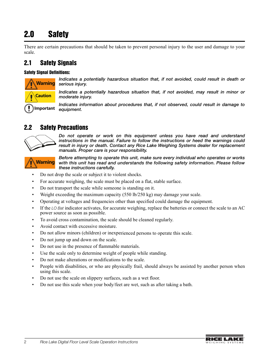 0 safety, 1 safety signals, 2 safety precautions | Rice Lake Floor Level Digital Physcian Scale (150-10-7) - RL150-10-7 Operation Instructions User Manual | Page 6 / 18