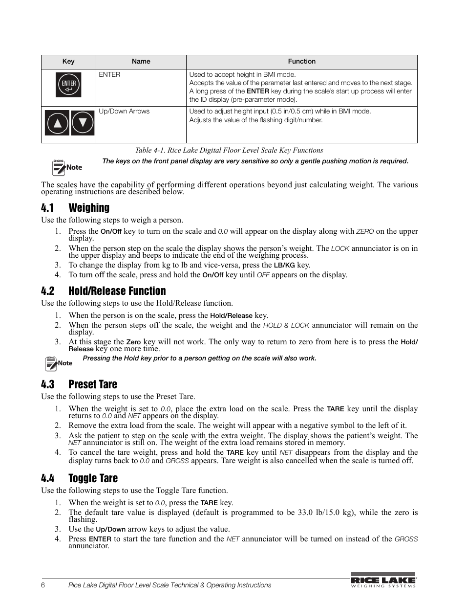 1 weighing, 2 hold/release function, 3 preset tare | 4 toggle tare | Rice Lake Floor Level Digital Physcian Scale (150-10-7) - RL150-10-7 Technical & Operation Instructions User Manual | Page 10 / 30