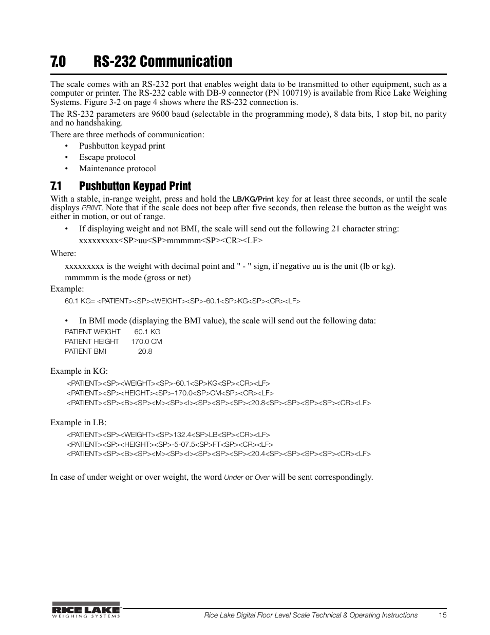 0 rs-232 communication, 1 pushbutton keypad print | Rice Lake Floor Level Digital Physcian Scale (150-10-7) - RL150-10-7 Technical & Operation Instructions User Manual | Page 19 / 30