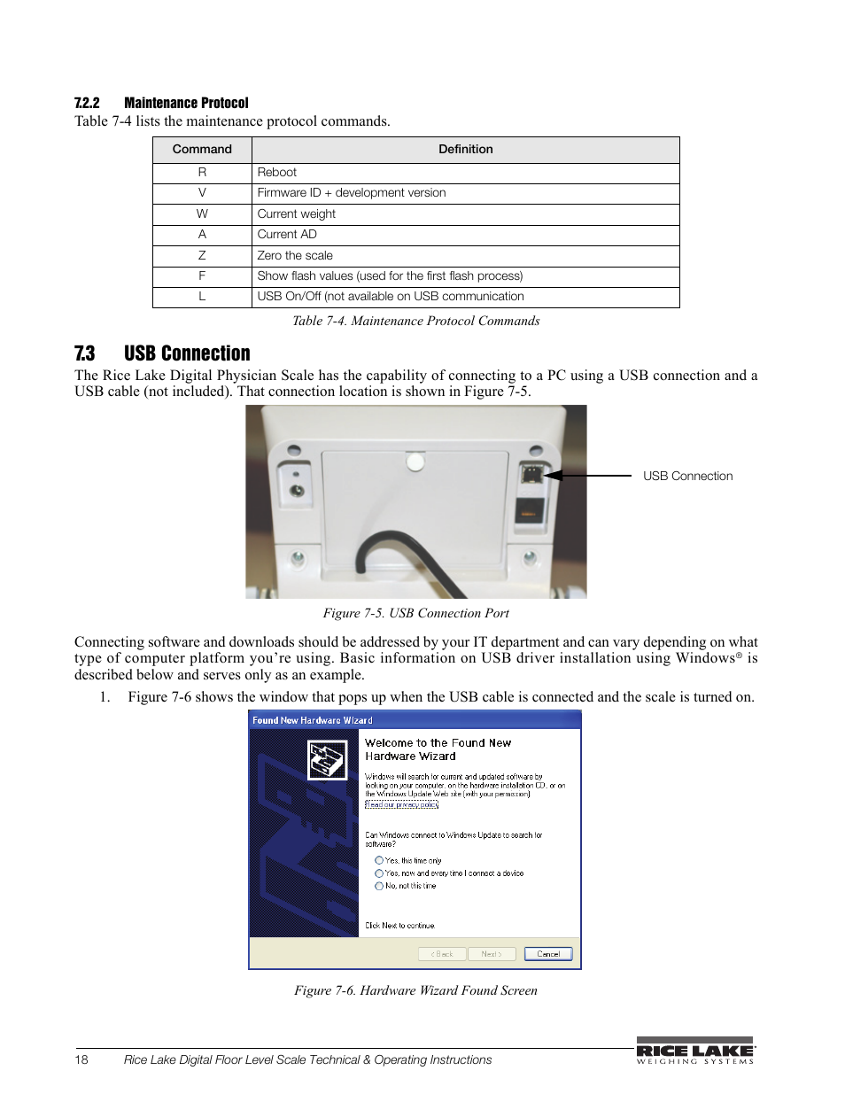 2 maintenance protocol, 3 usb connection | Rice Lake Floor Level Digital Physcian Scale (150-10-7) - RL150-10-7 Technical & Operation Instructions User Manual | Page 22 / 30