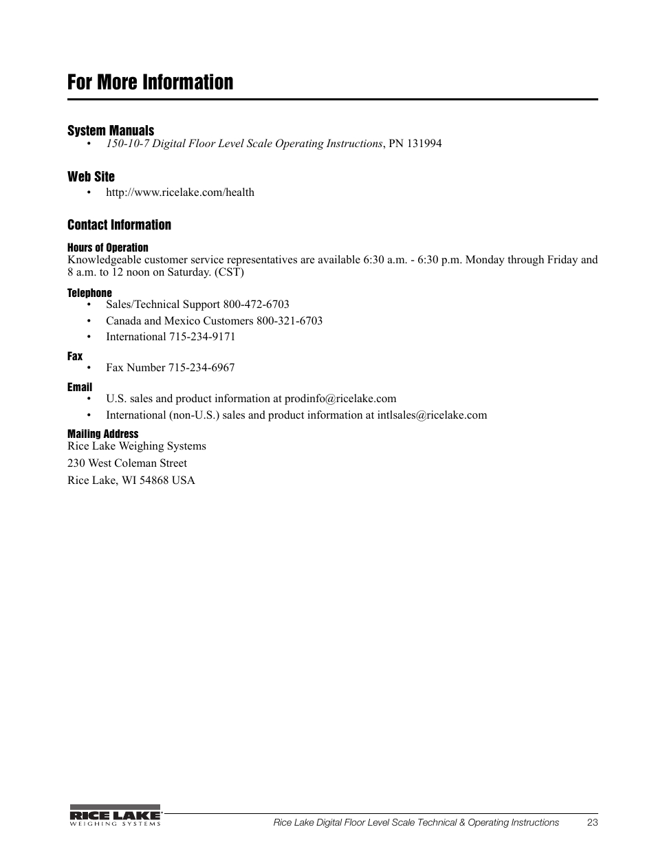 For more information | Rice Lake Floor Level Digital Physcian Scale (150-10-7) - RL150-10-7 Technical & Operation Instructions User Manual | Page 27 / 30