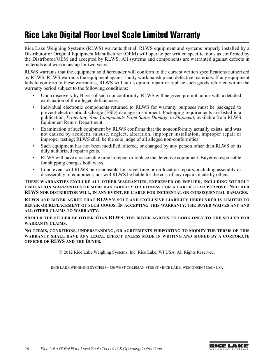 Rice Lake Floor Level Digital Physcian Scale (150-10-7) - RL150-10-7 Technical & Operation Instructions User Manual | Page 28 / 30