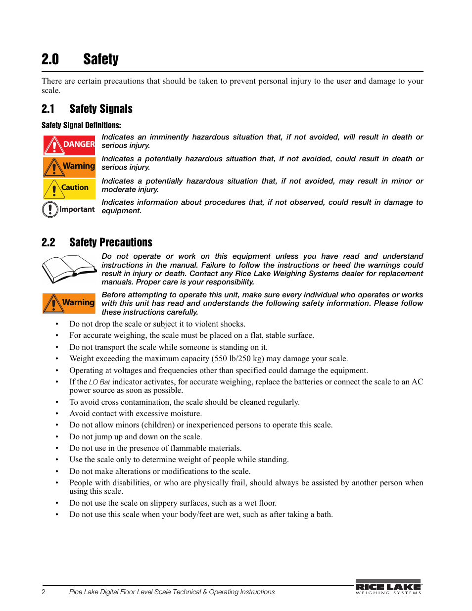 0 safety, 1 safety signals, 2 safety precautions | Rice Lake Floor Level Digital Physcian Scale (150-10-7) - RL150-10-7 Technical & Operation Instructions User Manual | Page 6 / 30