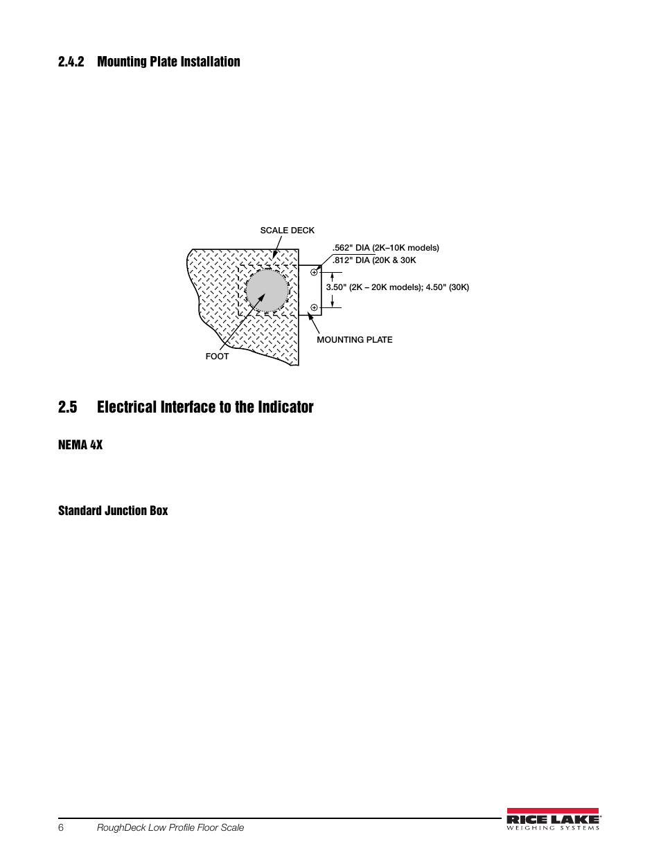 2 mounting plate installation, 5 electrical interface to the indicator, Mounting plate installation | Rice Lake Washdown User Manual | Page 10 / 26