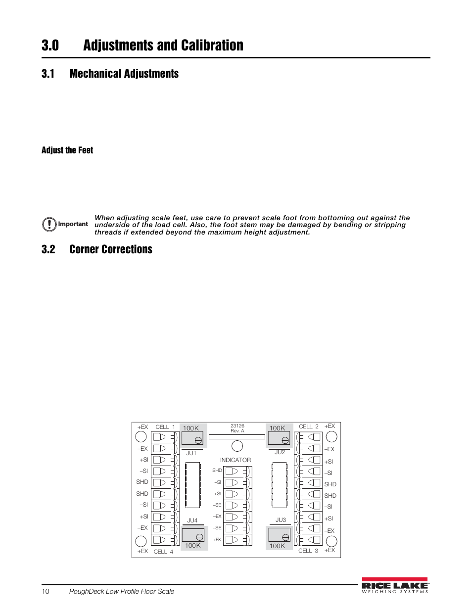 0 adjustments and calibration, 1 mechanical adjustments, 2 corner corrections | Adjustments and calibration, 1 mechanical adjustments 3.2 corner corrections | Rice Lake Washdown User Manual | Page 14 / 26