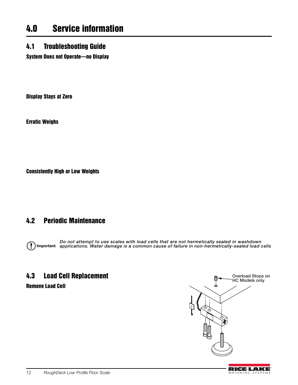 0 service information, 1 troubleshooting guide, 2 periodic maintenance | 3 load cell replacement, Service information | Rice Lake Washdown User Manual | Page 16 / 26