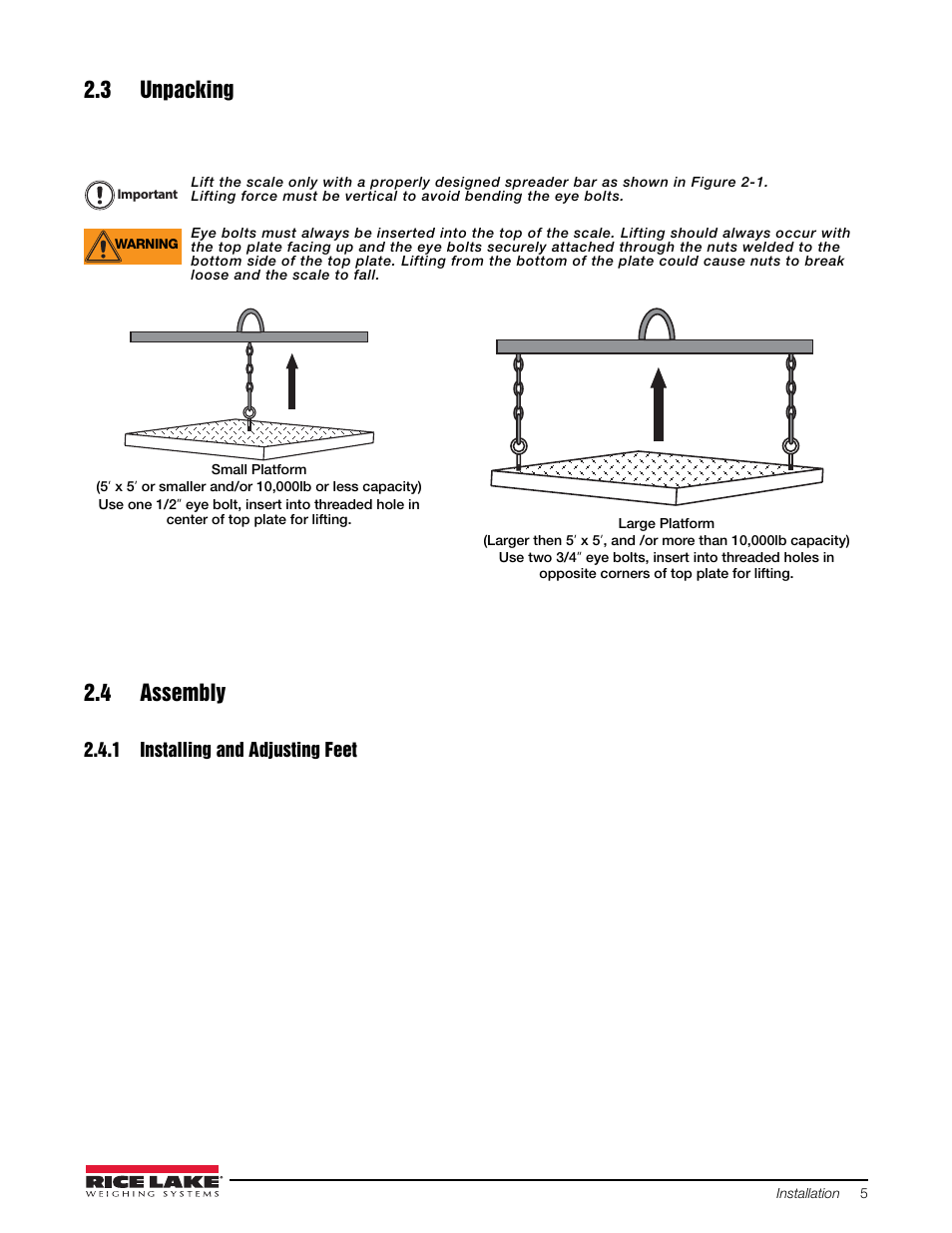 3 unpacking, 4 assembly, 1 installing and adjusting feet | 3 unpacking 2.4 assembly, Installing and adjusting feet | Rice Lake Washdown User Manual | Page 9 / 26