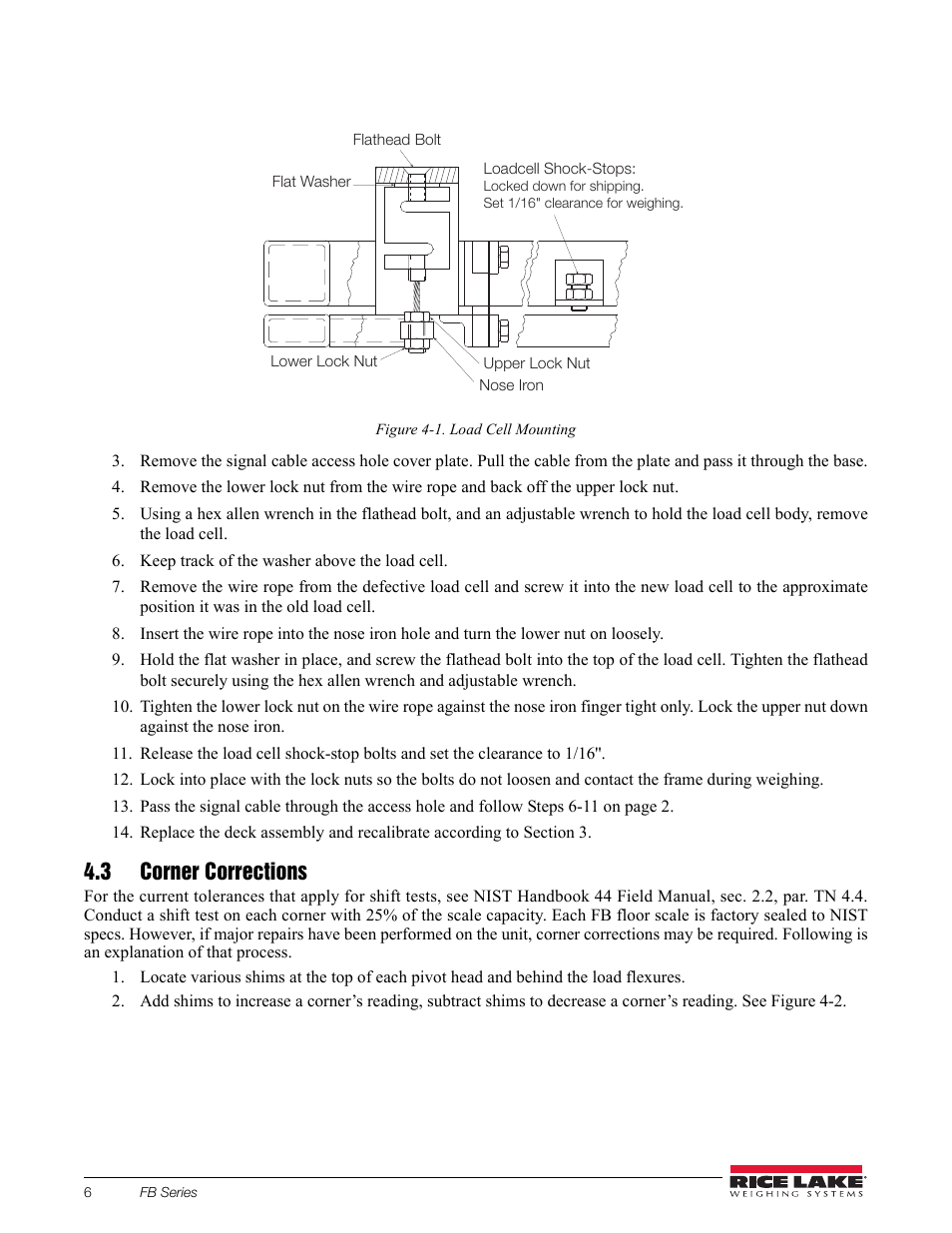 Figure 4-1. load cell mounting, Keep track of the washer above the load cell, 3 corner corrections | Rice Lake Floor Scales - SURVIVOR FB Series Electronic Flexure Base User Manual | Page 10 / 14
