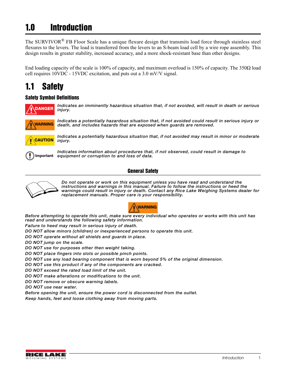 0 introduction, 1 safety, Safety symbol definitions | General safety | Rice Lake Floor Scales - SURVIVOR FB Series Electronic Flexure Base User Manual | Page 5 / 14