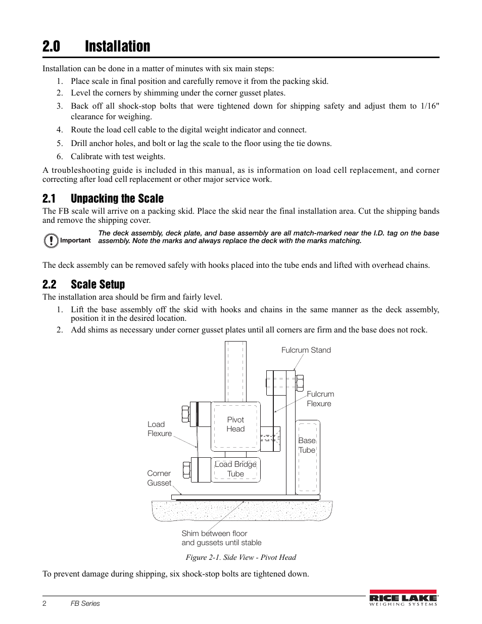 0 installation, Calibrate with test weights, 1 unpacking the scale | 2 scale setup, Figure 2-1. side view - pivot head | Rice Lake Floor Scales - SURVIVOR FB Series Electronic Flexure Base User Manual | Page 6 / 14