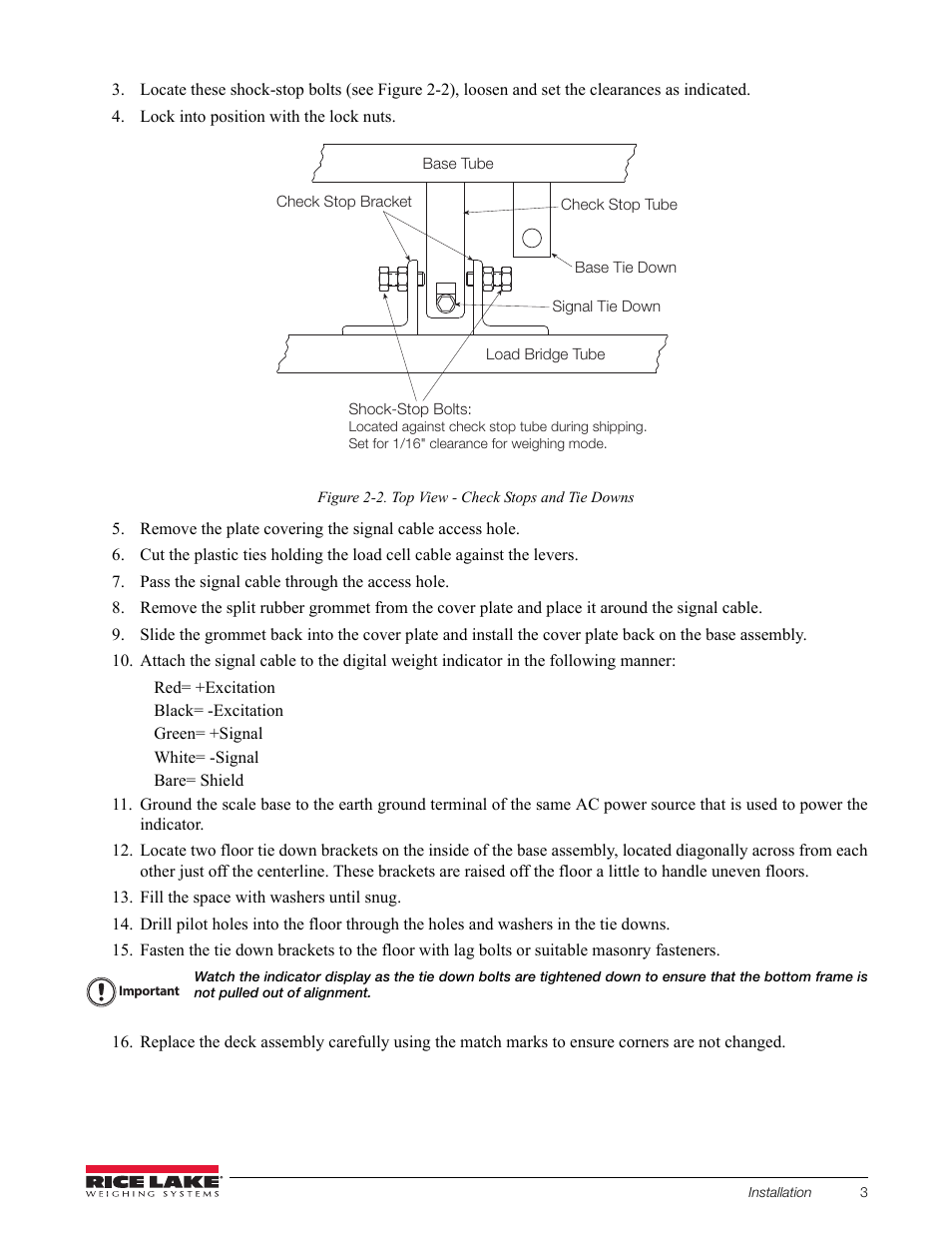 Lock into position with the lock nuts, Figure 2-2. top view - check stops and tie downs, Pass the signal cable through the access hole | Fill the space with washers until snug | Rice Lake Floor Scales - SURVIVOR FB Series Electronic Flexure Base User Manual | Page 7 / 14