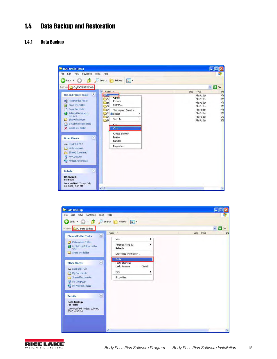4 data backup and restoration, 1 data backup | Rice Lake Upper Body Single Frequency Composition Analyzer - D1000-2 - Pass Plus Software User Manual | Page 19 / 38