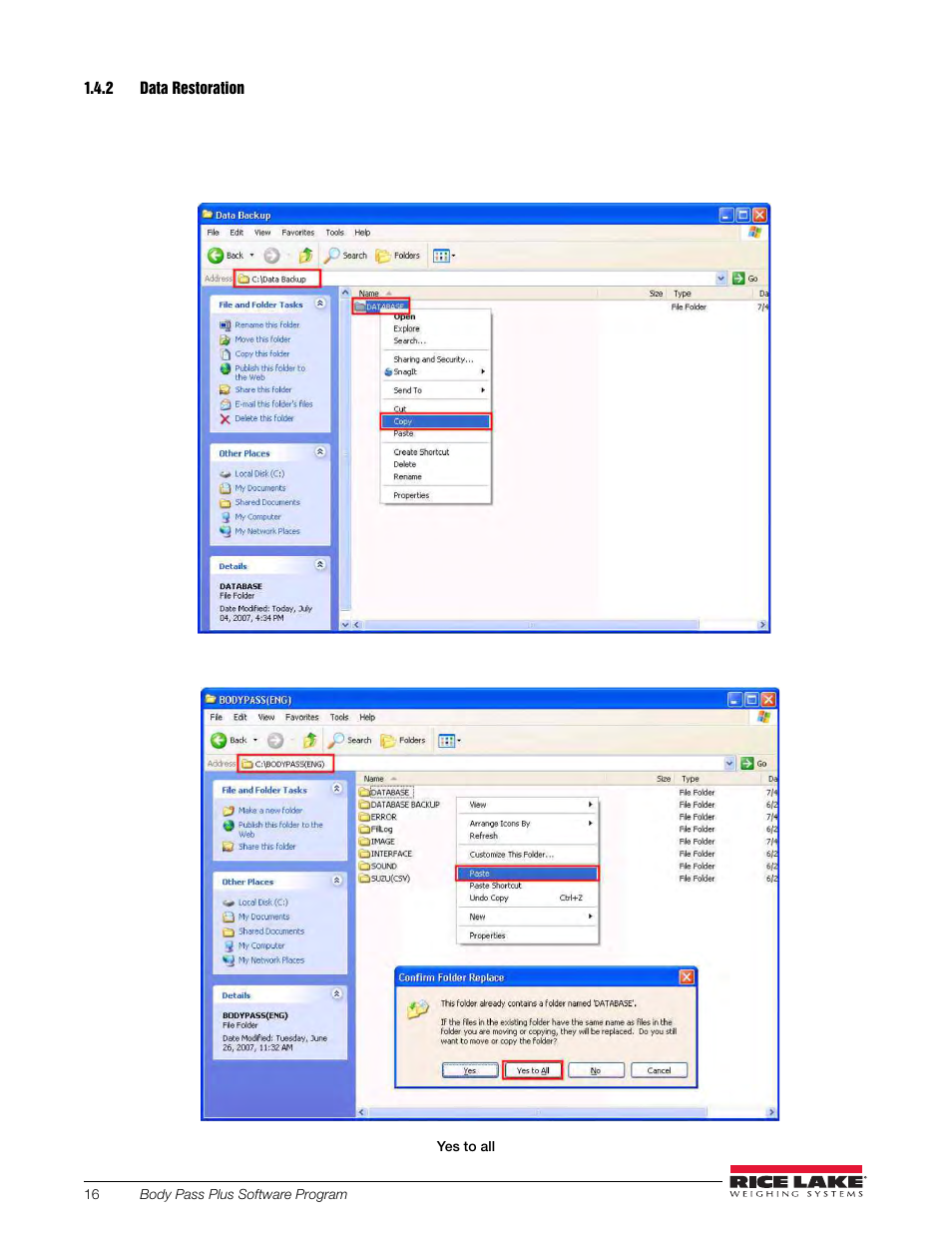 2 data restoration | Rice Lake Upper Body Single Frequency Composition Analyzer - D1000-2 - Pass Plus Software User Manual | Page 20 / 38