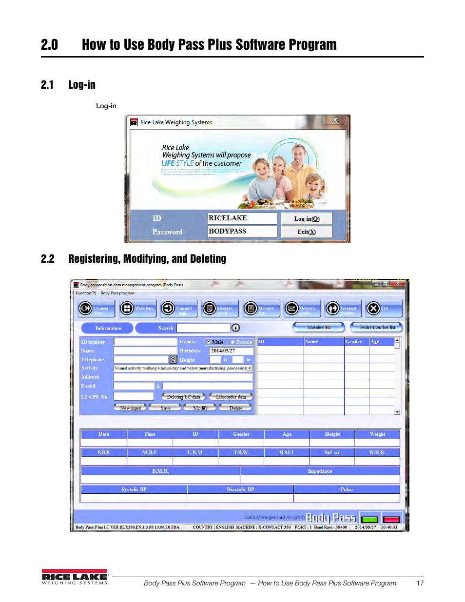 0 how to use body pass plus software program, 1 log-in, 2 registering, modifying, and deleting | Rice Lake Upper Body Single Frequency Composition Analyzer - D1000-2 - Pass Plus Software User Manual | Page 21 / 38