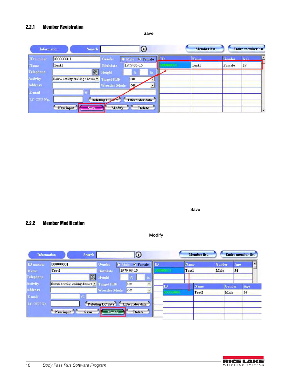 1 member registration, 2 member modification | Rice Lake Upper Body Single Frequency Composition Analyzer - D1000-2 - Pass Plus Software User Manual | Page 22 / 38