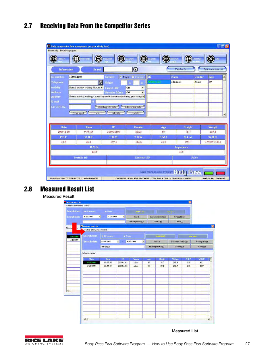 7 receiving data from the competitor series, 8 measured result list | Rice Lake Upper Body Single Frequency Composition Analyzer - D1000-2 - Pass Plus Software User Manual | Page 31 / 38