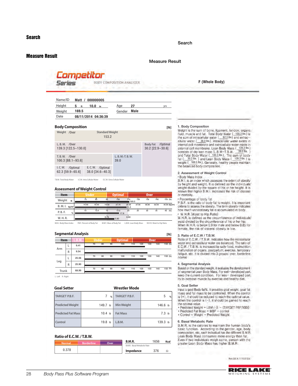 The following fields can be adjusted, Search, Measure result | 28 body pass plus software program, Wrestler mode | Rice Lake Upper Body Single Frequency Composition Analyzer - D1000-2 - Pass Plus Software User Manual | Page 32 / 38