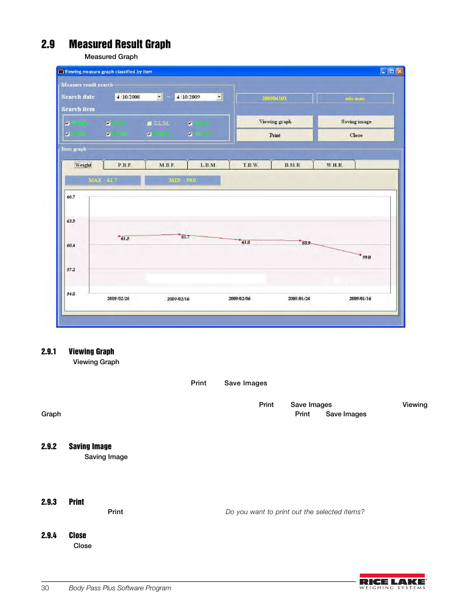 9 measured result graph, 1 viewing graph, 2 saving image | 3 print, 4 close | Rice Lake Upper Body Single Frequency Composition Analyzer - D1000-2 - Pass Plus Software User Manual | Page 34 / 38