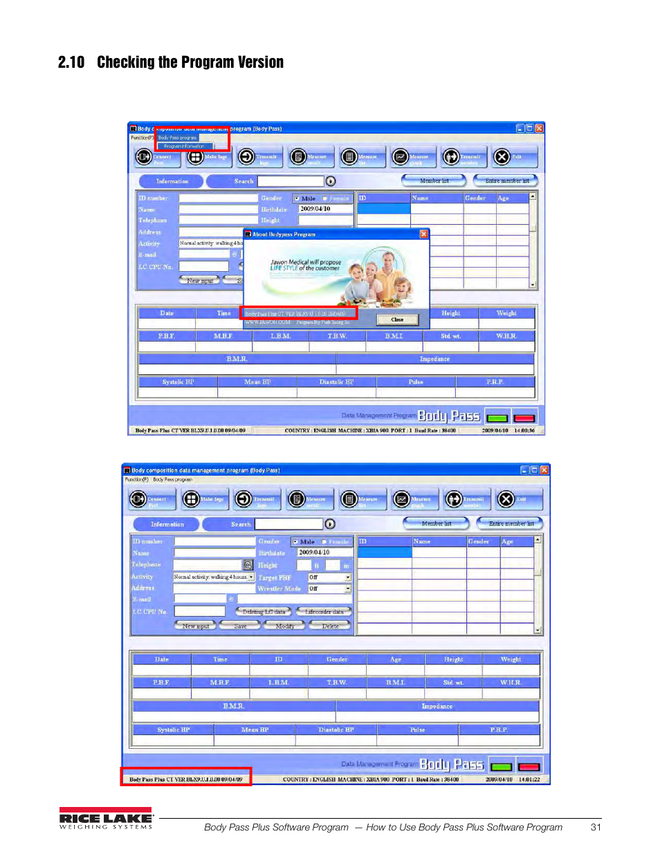 10 checking the program version | Rice Lake Upper Body Single Frequency Composition Analyzer - D1000-2 - Pass Plus Software User Manual | Page 35 / 38